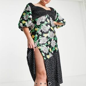 Floral Print / Black & White Silk Dress with Puff Sleeves